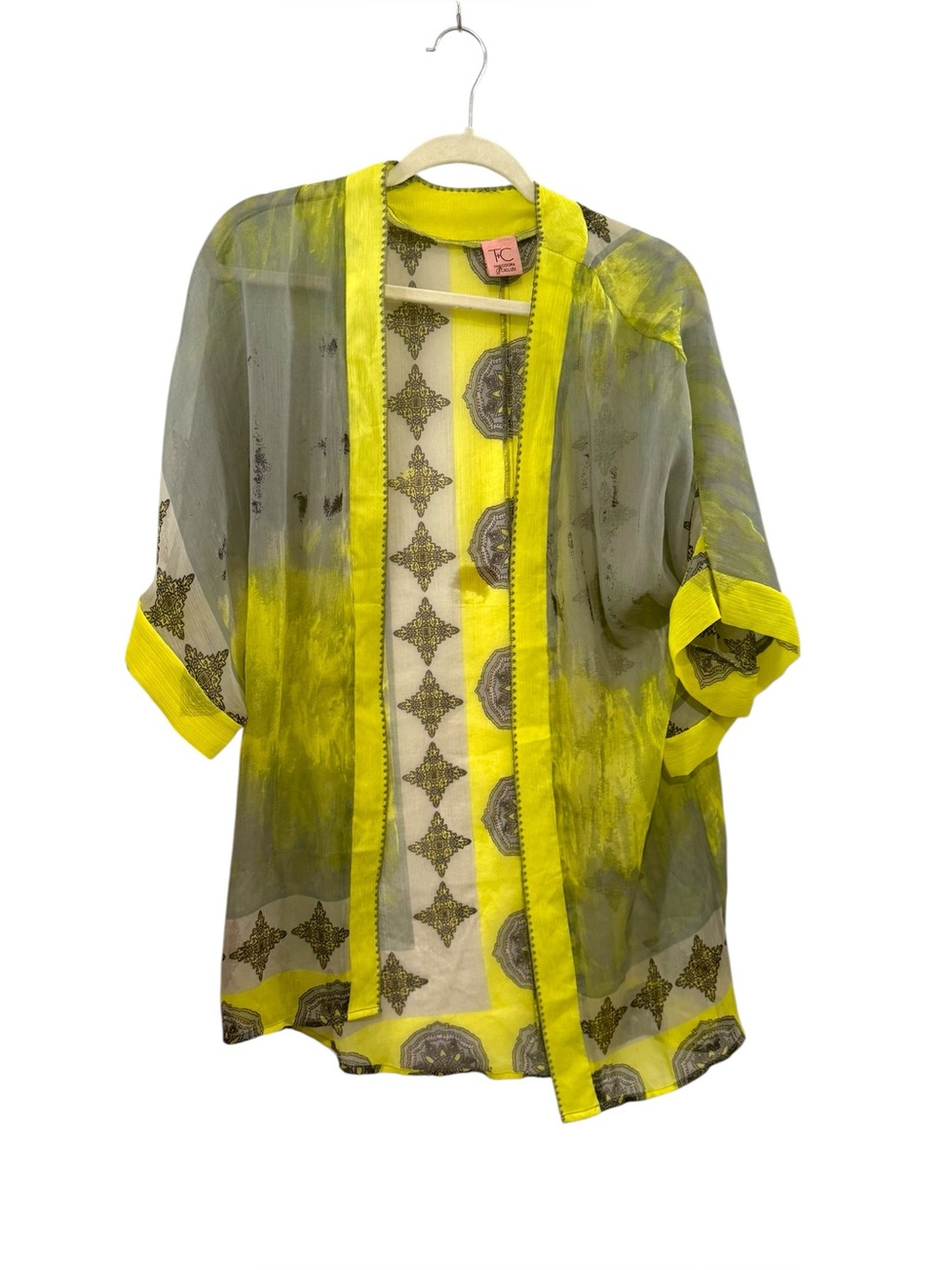 Theodora & Callum OS Neon Yellow Gray Sheer Kimono Cover Up Boho
